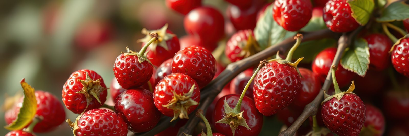 Fresh strawberries growing on vine in sunny garden during summer harvest season